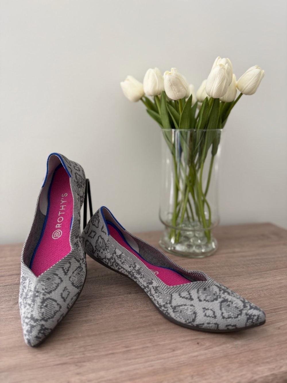 Rothy's Gray Snake-Print Pointed-Toe Flats with Pink Insole